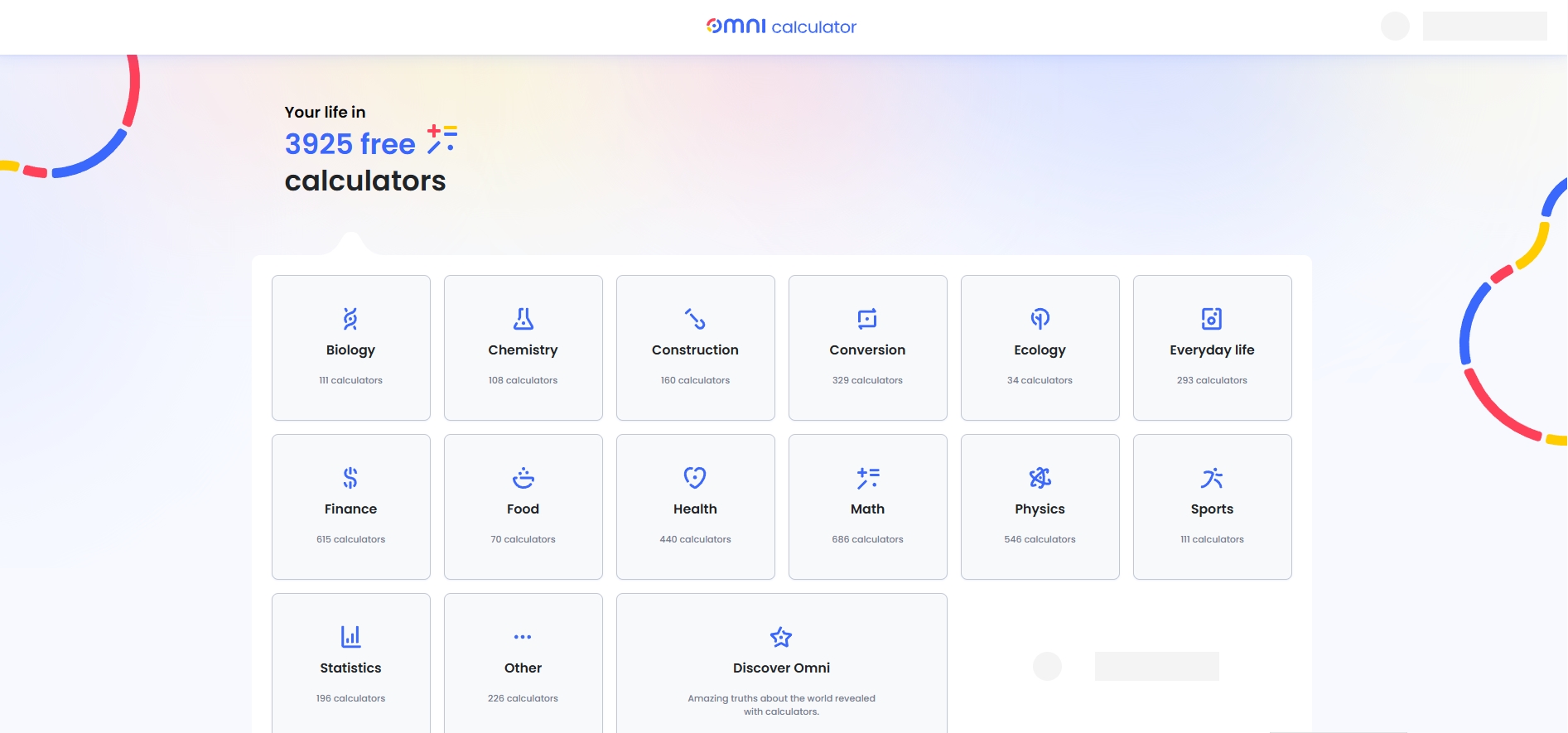 Omni Calculator 计算器分类页截图